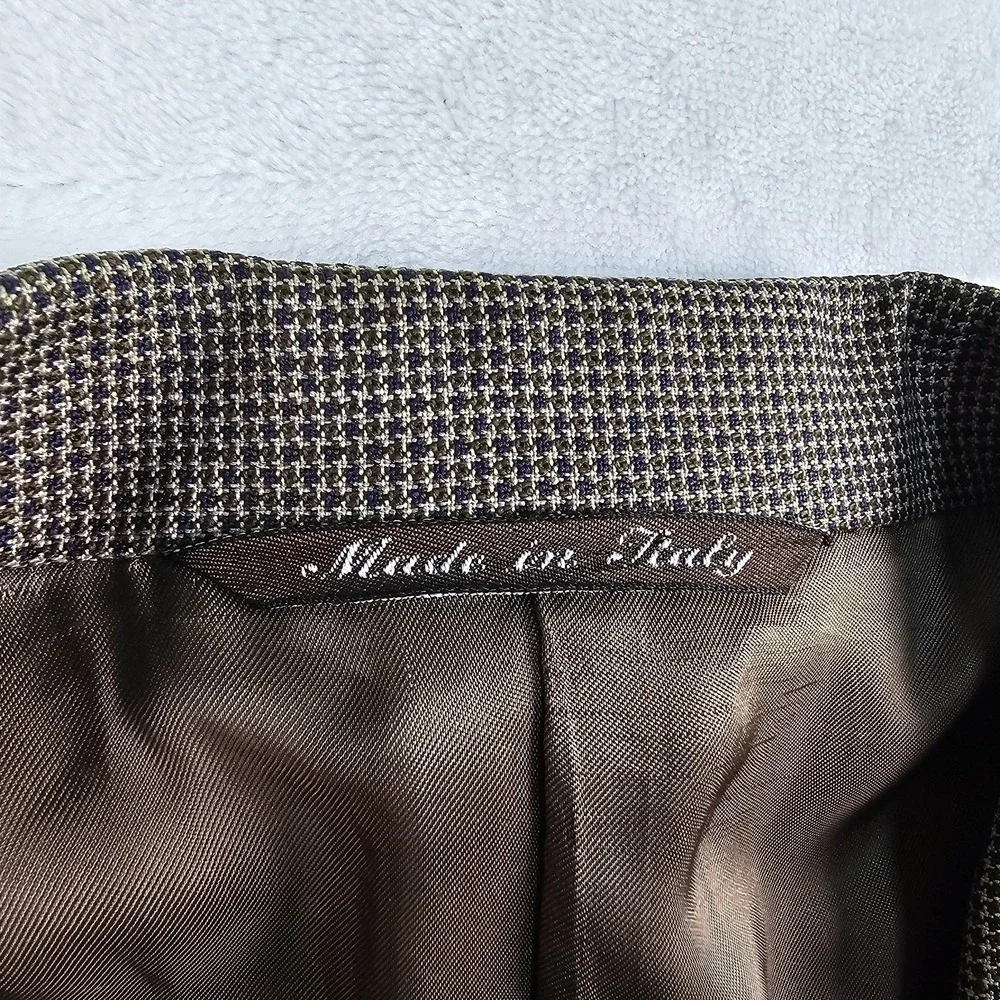 Canali Proposta Double Breasted Coat Mens 46L Jacket Houndstooth Navy Blue Brown
